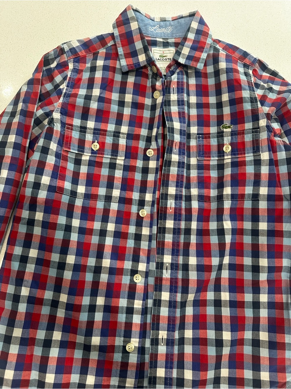 Lacoste kids Red, Navy & White Plaid Button-Down Shirt